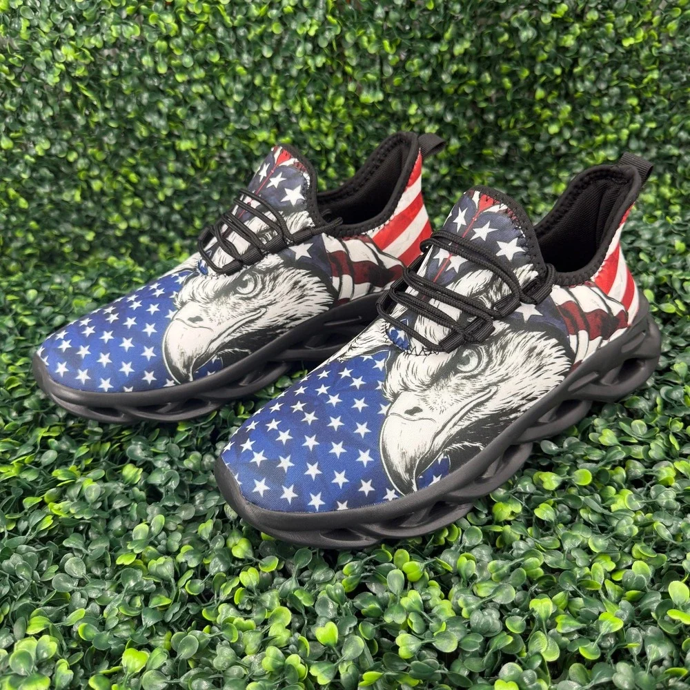 Mens Patriotic American Flag Bald Eagle Sneakers Red White Blue Shoes Size 10.5